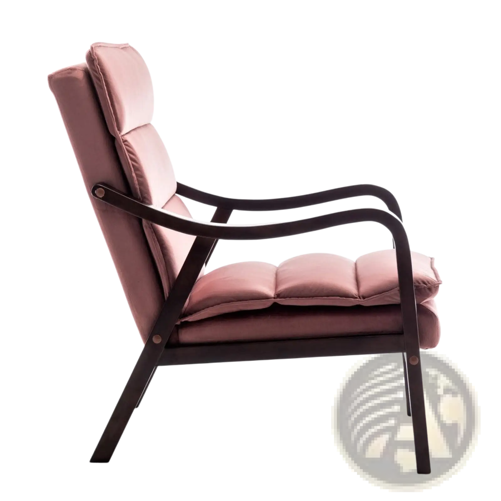 A rose-colored velvet mid-century armchair with a dark wooden frame and curved arms for reading or accent seating