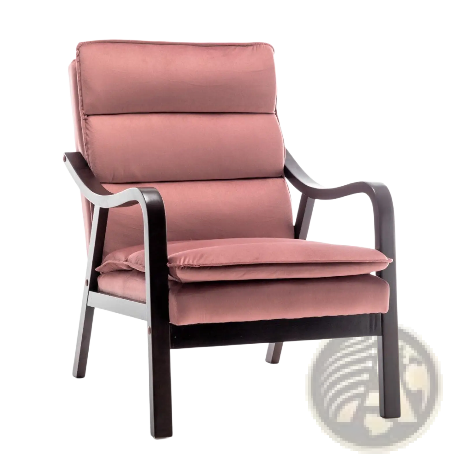 A rose pink plush velvet mid-century armchair with a sleek dark wood frame and curved arms for reading comfort