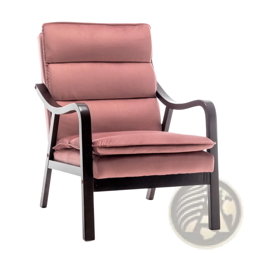 A rose pink plush velvet mid-century armchair with a sleek dark wood frame and curved arms for reading comfort