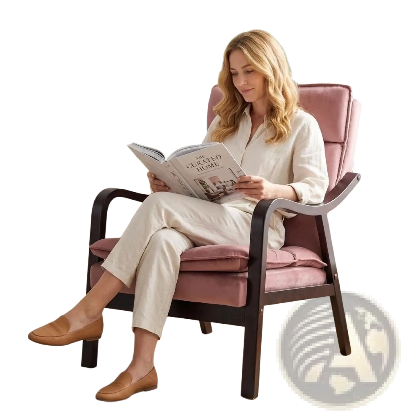 A plush pink velvet rose accent chair with dark wood frame and curved arms for mid-century reading comfort
