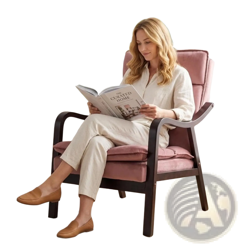 A plush pink velvet rose accent chair with dark wood frame and curved arms for mid-century reading comfort