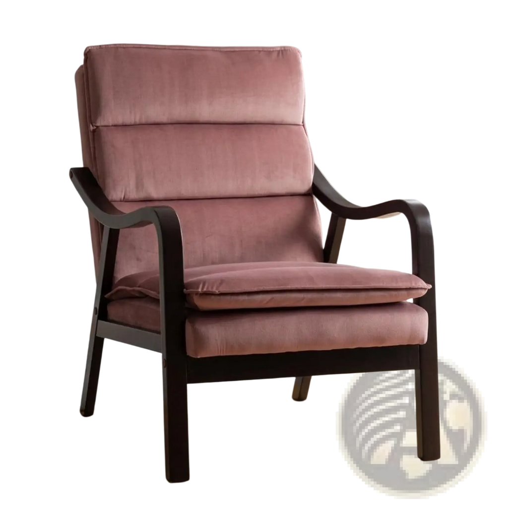 Rose accent chair mid-century velvet reading armchair in plush rose color with dark wood frame and segmented back cushions