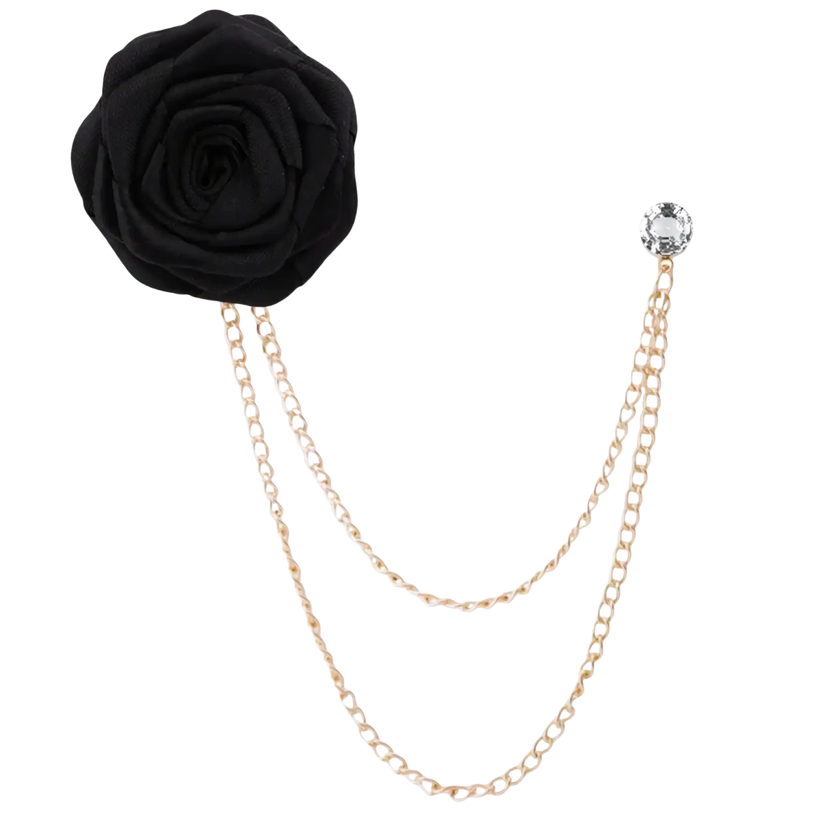 Black fabric rose brooch with gold-toned tassel chain and crystal accent for men suit pin accessory
