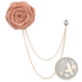 A delicate peach-colored fabric rose brooch with gold-toned chain and crystal accent for men suit pin