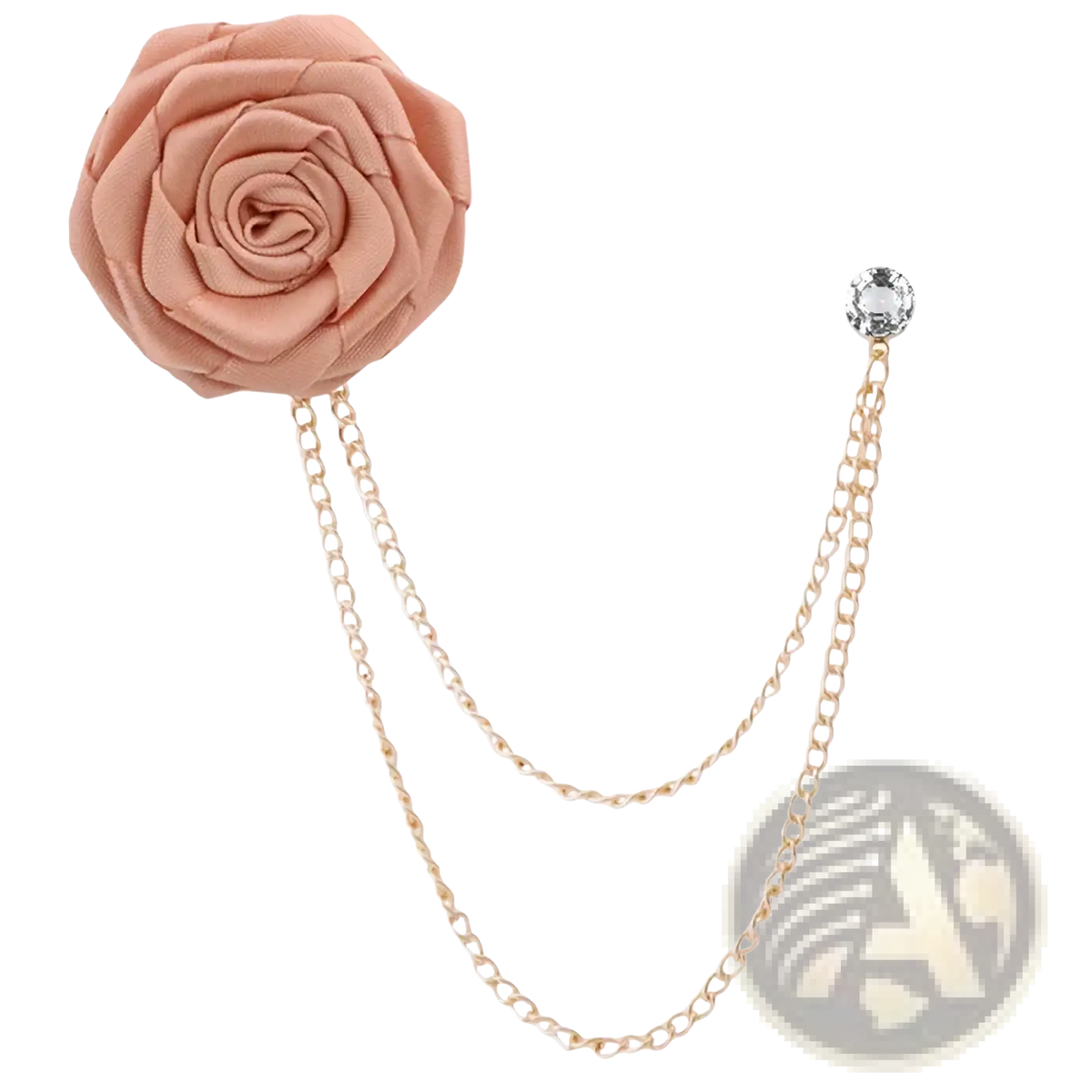 A delicate peach-colored fabric rose brooch with gold-toned chain and crystal accent for men suit pin