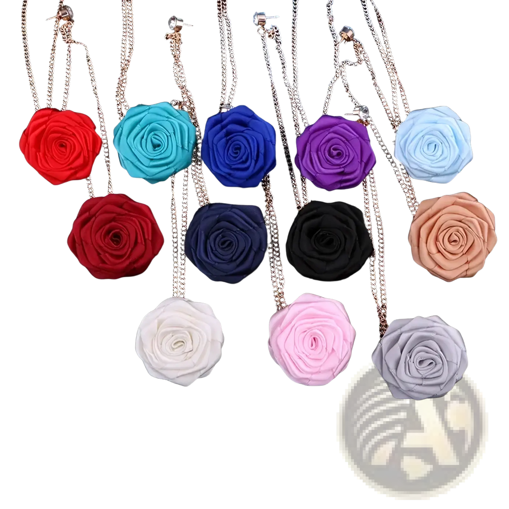 A collection of colorful fabric rose flower brooch tassel chain pendants on gold-toned chains for men suit pins