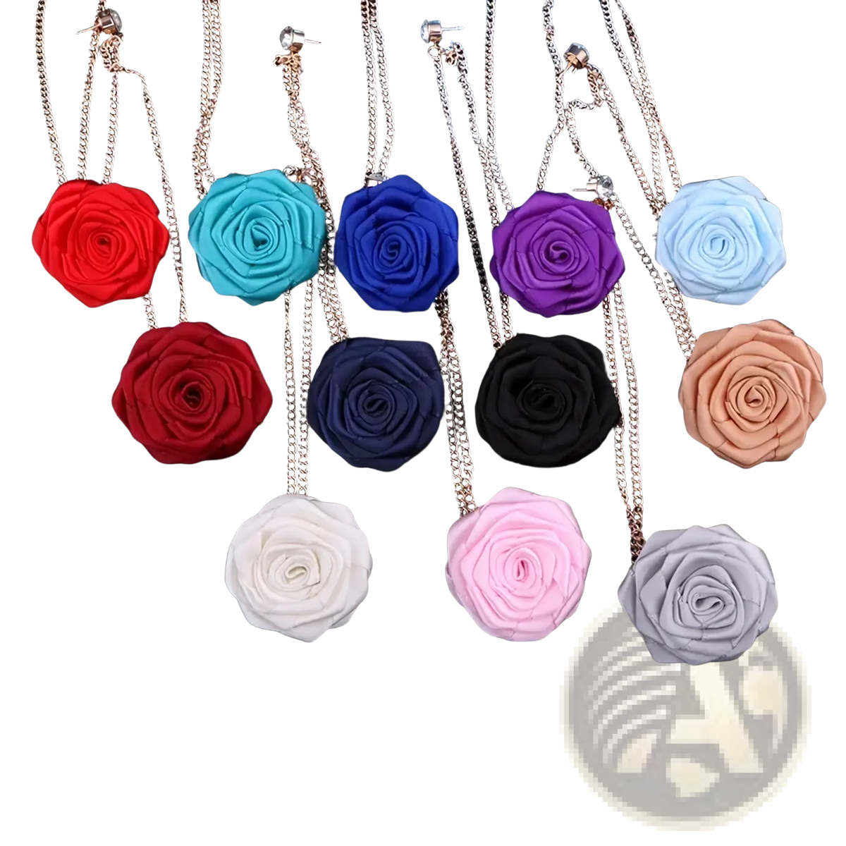 A collection of colorful fabric rose flower brooch tassel chain pendants on gold-toned chains for men suit pins