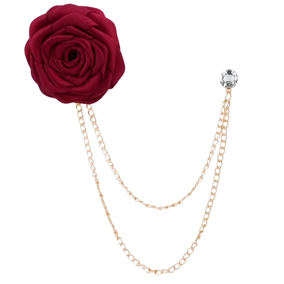 A deep red fabric rose flower brooch with gold-toned tassel chain and crystal accent for men suit pin