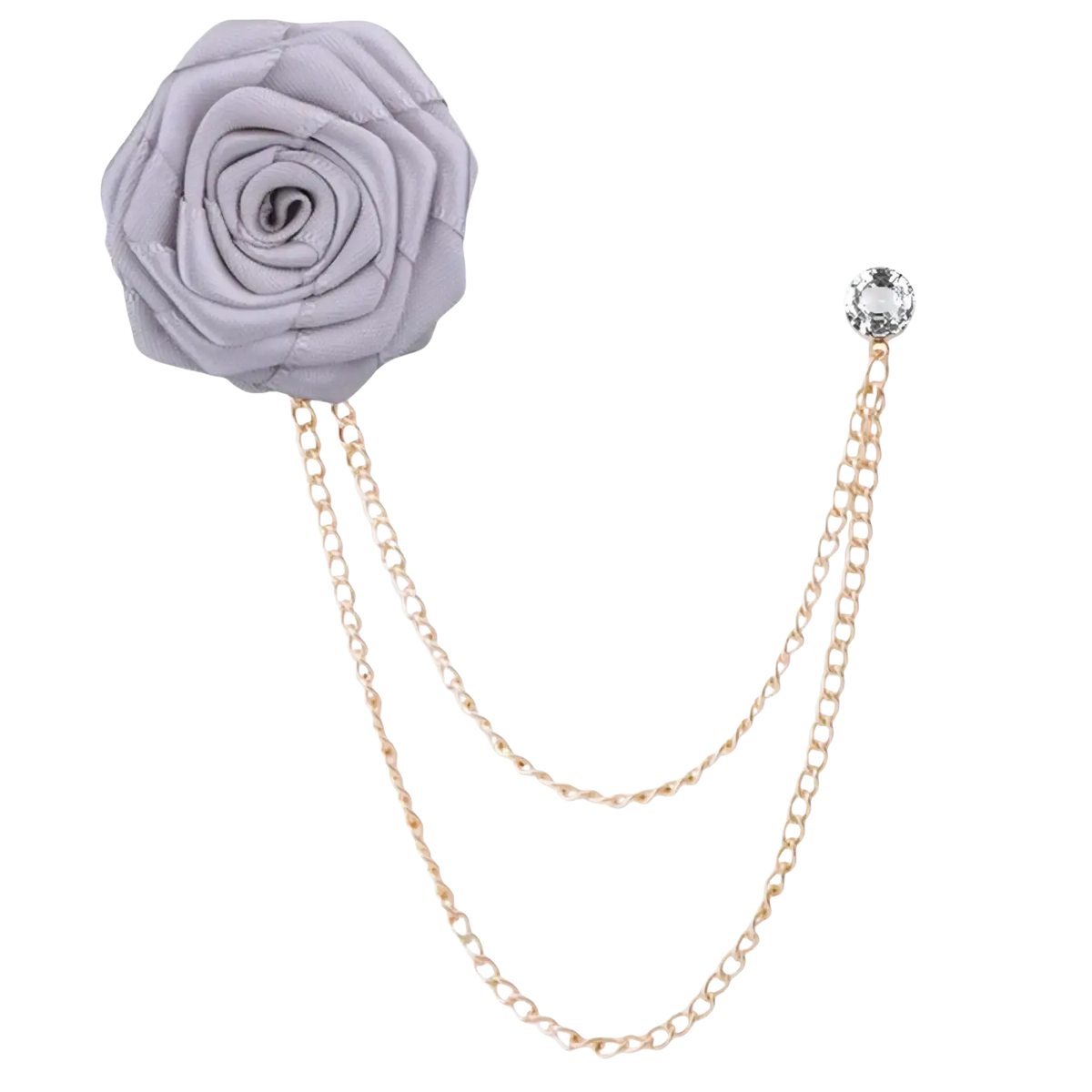 A delicate lavender fabric rose flower brooch with gold-toned tassel chain and crystal accent for men suit pin