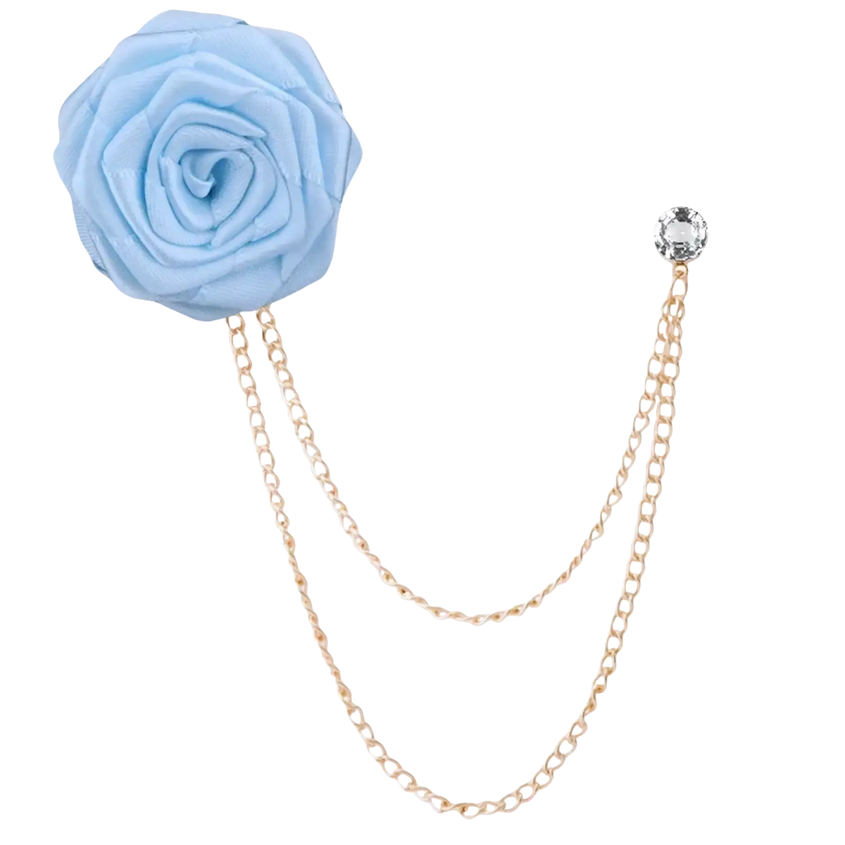 Delicate light blue fabric rose flower brooch with gold-toned tassel chain and crystal accent for men suit pin