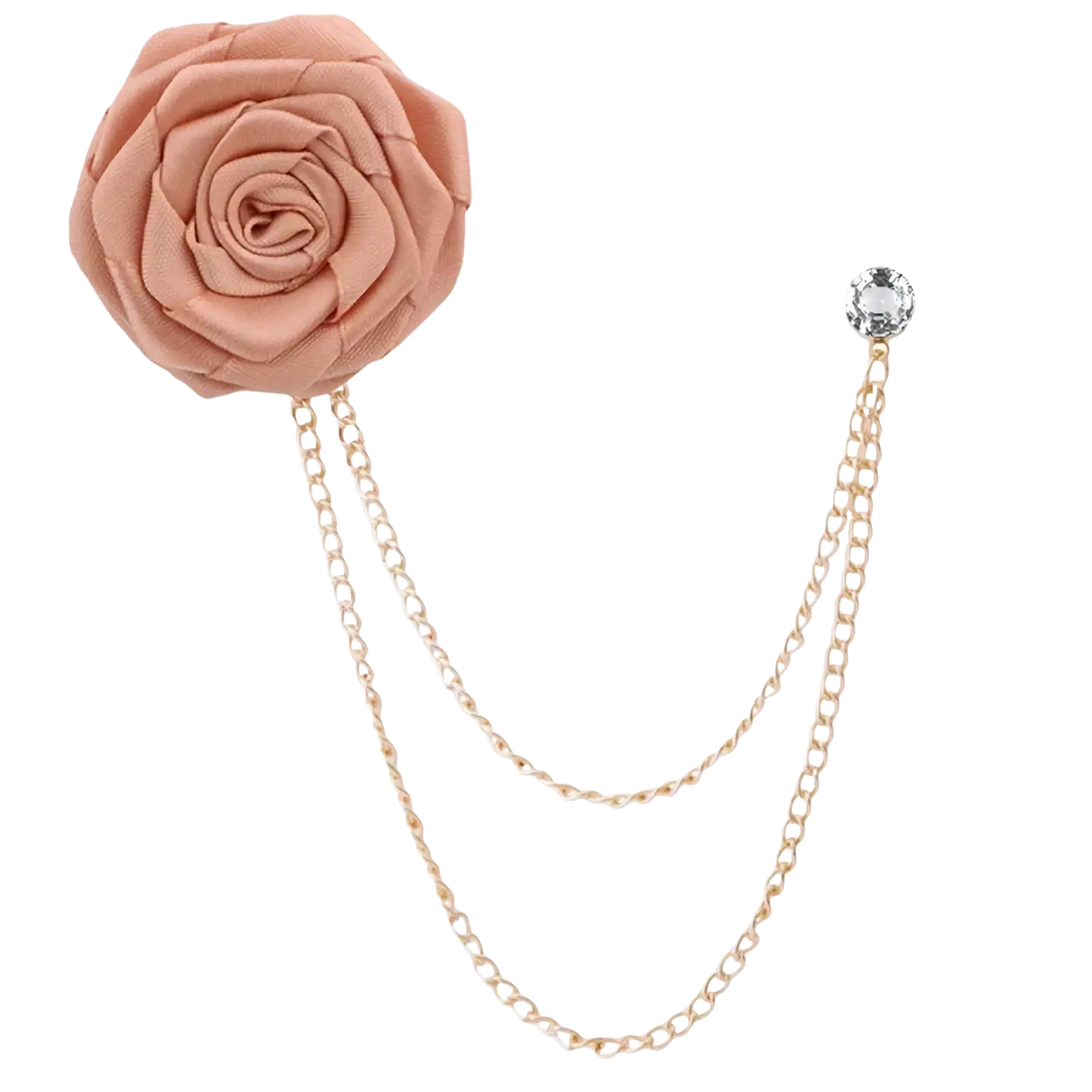 A delicate peach-colored fabric rose brooch with gold-toned chain and crystal accent for men suit pin