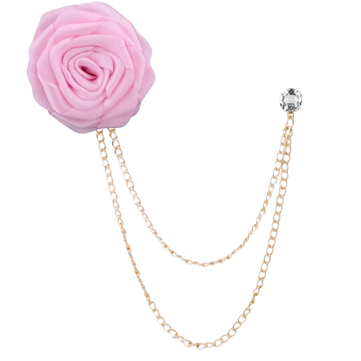 A delicate pink fabric rose brooch with gold-toned tassel chain and crystal accent for men suit pin