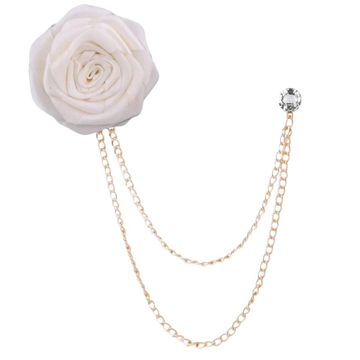 A delicate white fabric rose brooch with gold-toned chain and crystal accent for men suit pin accessory