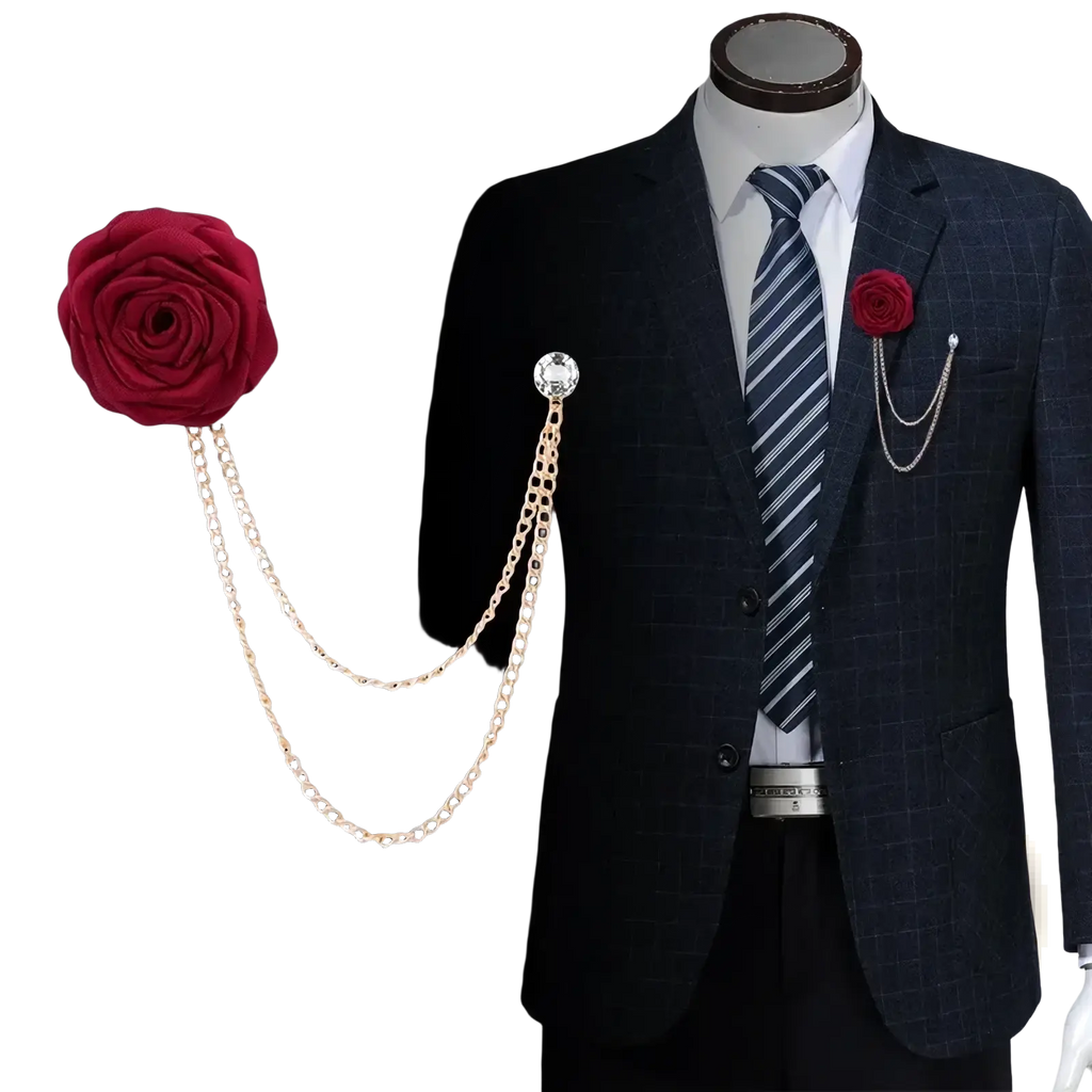 Elegant crimson rose flower brooch tassel chain men suit pin with gold-toned chain and crystal accent