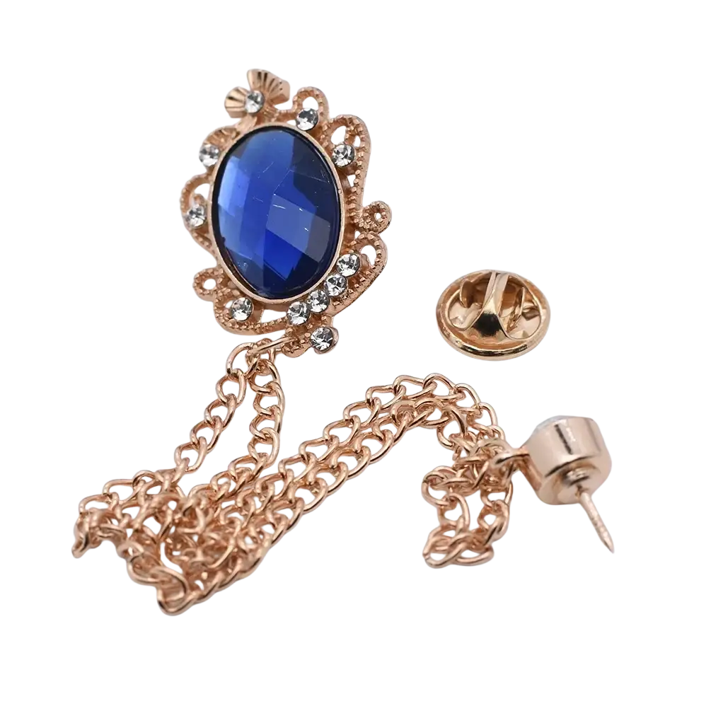 Rose gold rose flower brooch with deep blue oval gemstone clear crystals ornate filigree and tassel chain for men suit pin