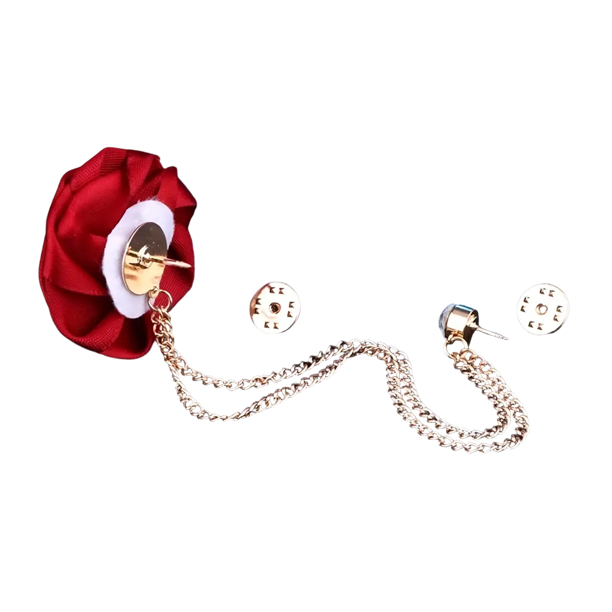 Gold-toned chain pin with red fabric rose accent and matching circular backings for men suit brooch tassel chain
