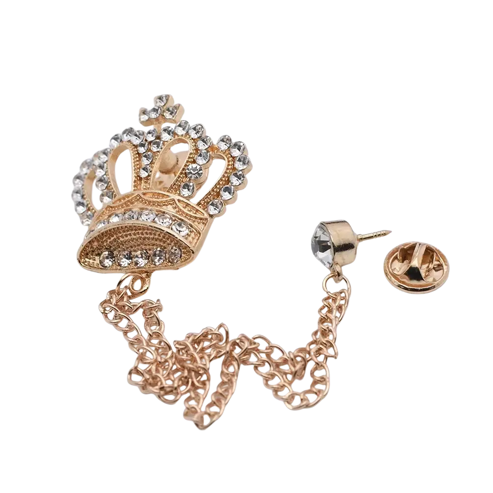 Gold-toned crown-shaped pin with clear rhinestones and delicate chain for rose flower brooch tassel chain men suit pin