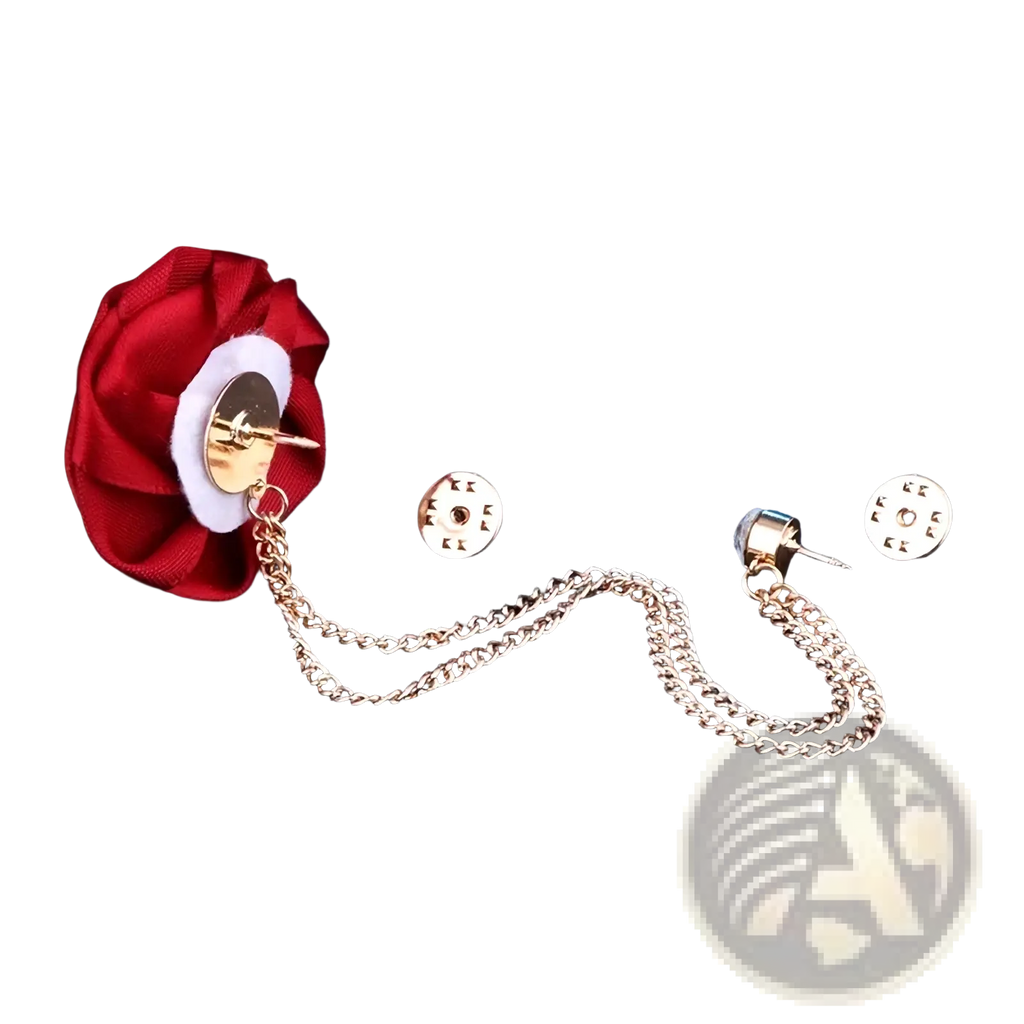 Gold-toned chain pin with red fabric rose accent and matching circular backings for men suit brooch tassel chain