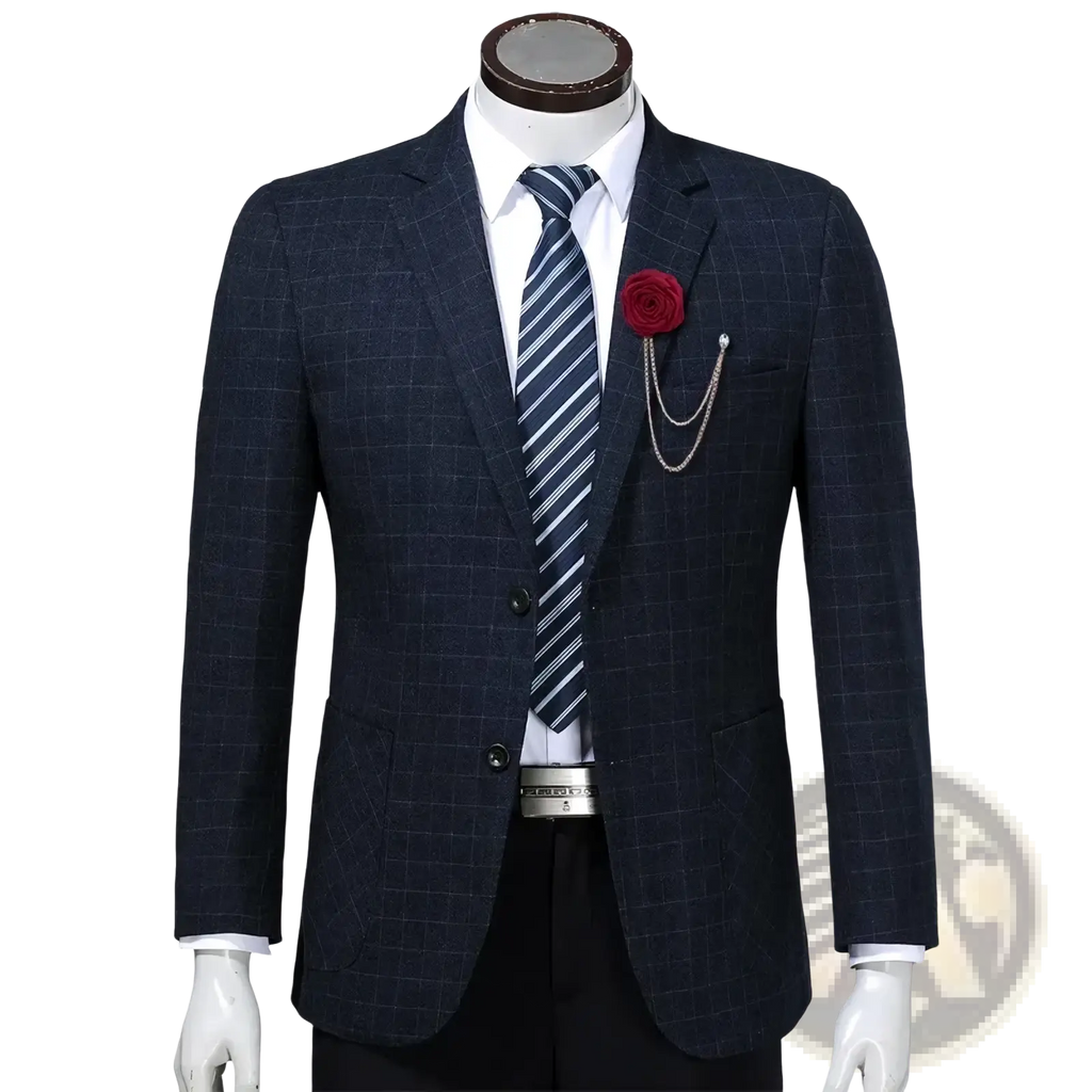 Navy blue checkered blazer with subtle texture and matching striped tie accented by red rose flower brooch tassel chain pin