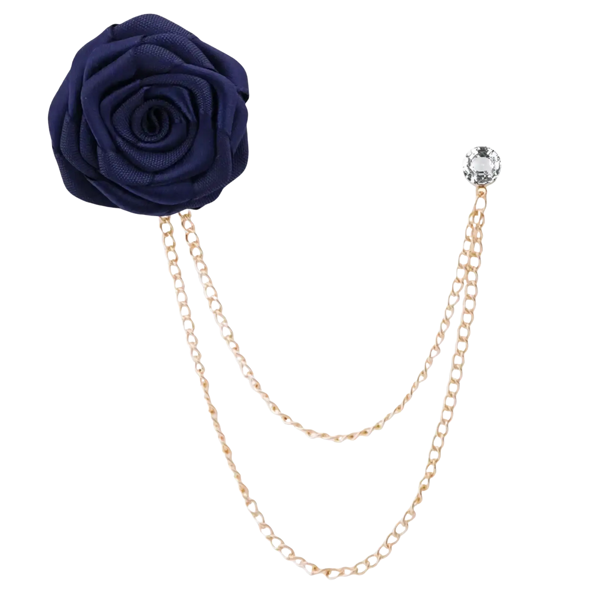 Navy blue fabric rose flower brooch with gold-toned tassel chain and crystal accent for men suit pin