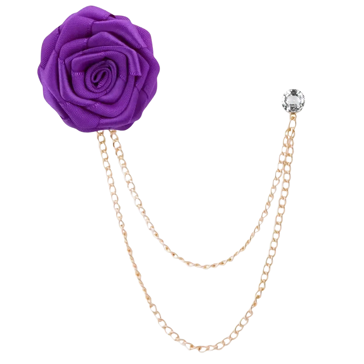 Purple satin rose brooch with gold-toned tassel chain and crystal accent for men suit pin accessory