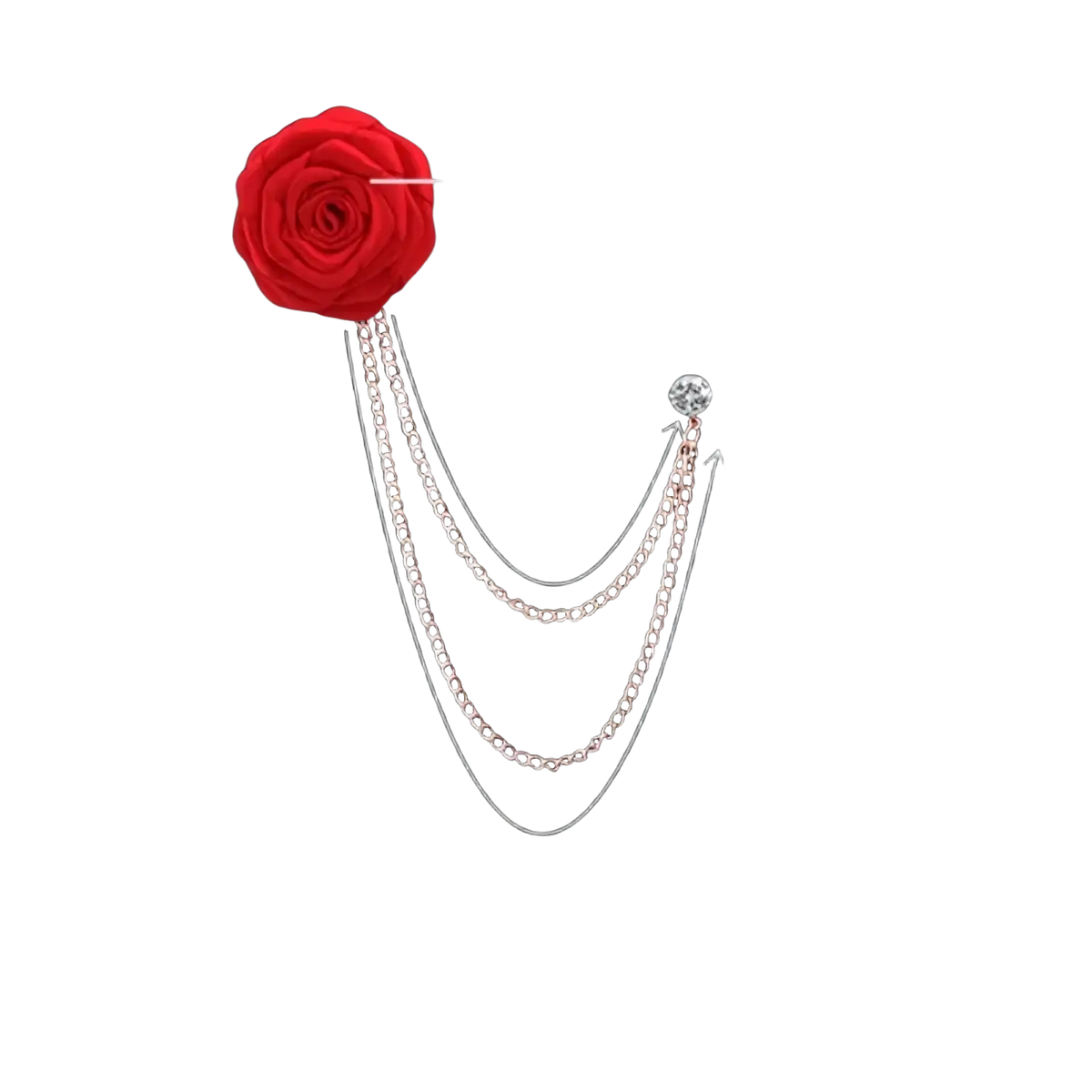 Red fabric rose brooch with three layered silver chains and crystal accent for men suit pin tassel accessory