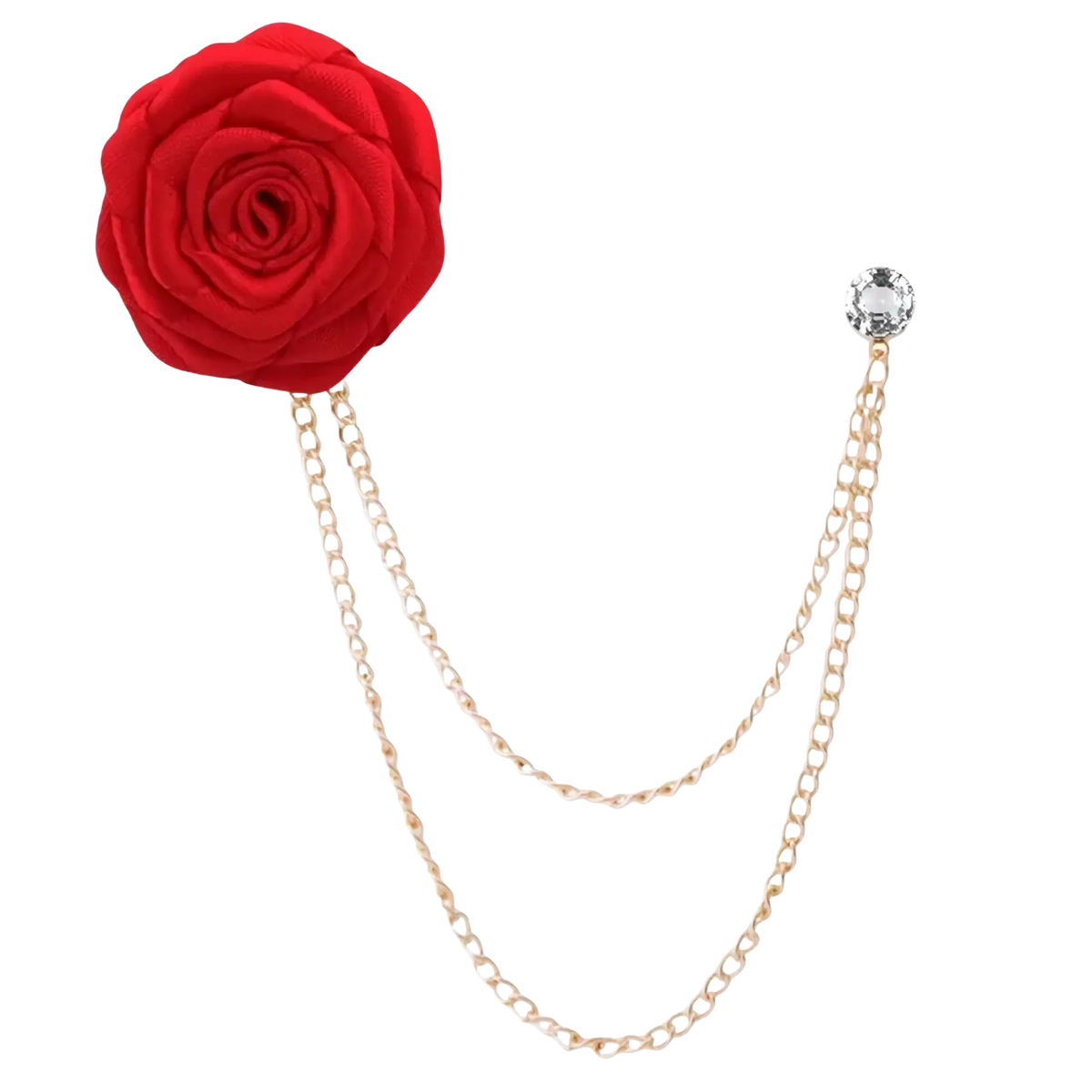 Red fabric rose flower brooch tassel chain men suit pin with gold-toned chains and clear crystal accent