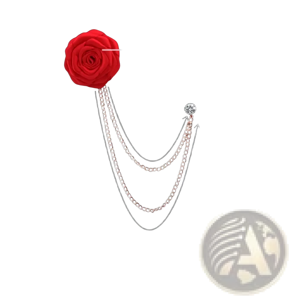 Red fabric rose brooch with three layered silver chains and crystal accent for men suit pin tassel accessory