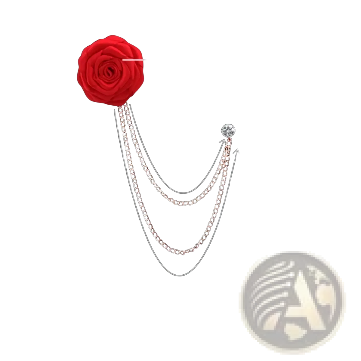 Red fabric rose brooch with three layered silver chains and crystal accent for men suit pin tassel accessory