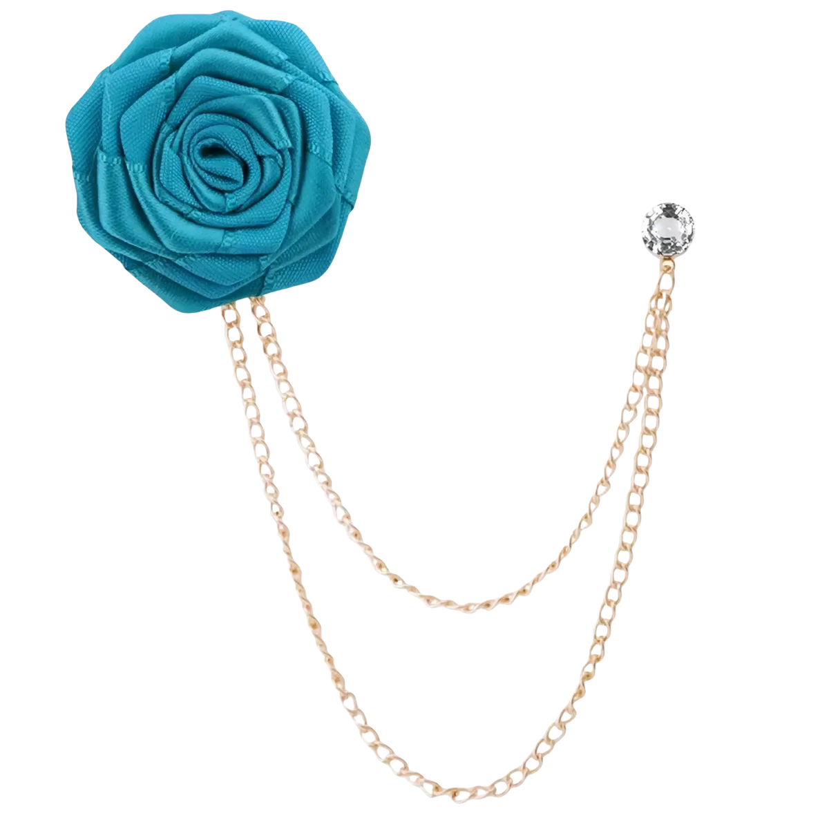Teal fabric rose flower brooch with gold-toned chain and crystal accent for men suit pin accessory