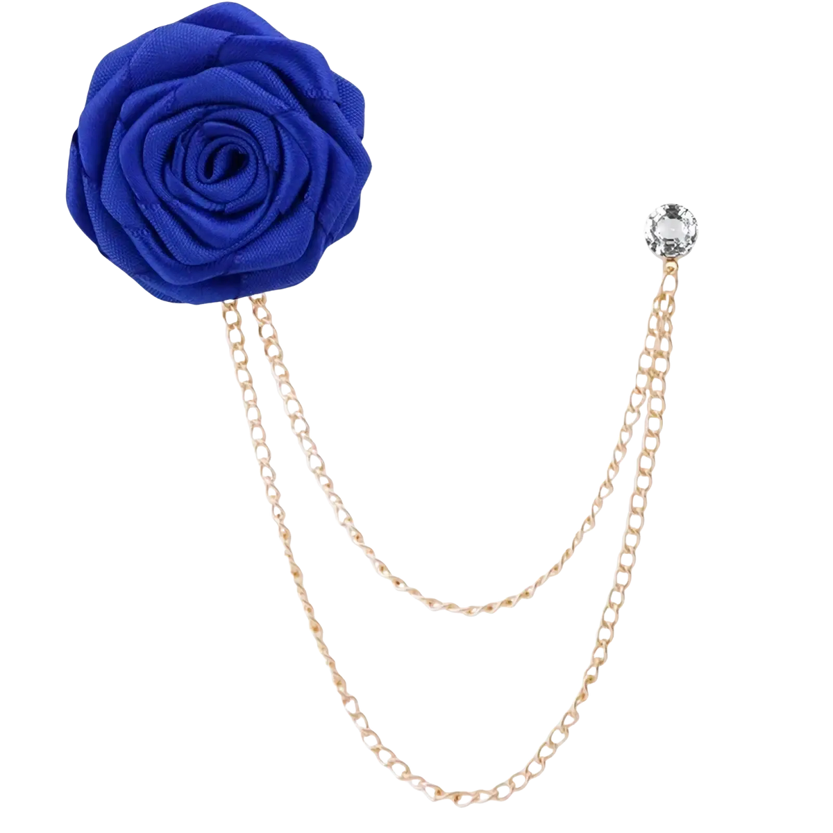 A vibrant royal blue fabric rose flower brooch with gold-toned tassel chain and crystal accent for men suits