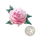 A pink rose foil balloon with green metallic foil leaves for party decorations