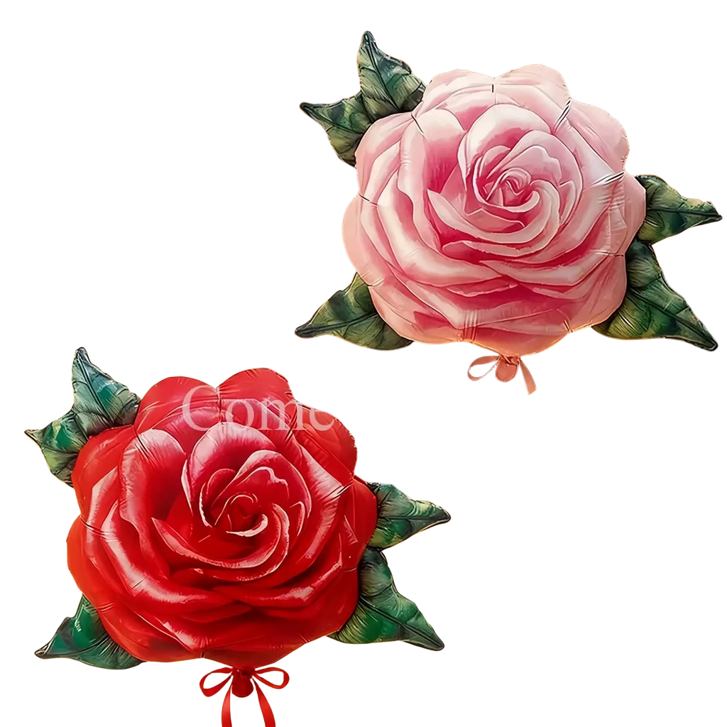 Rose foil balloons shaped like pink and red roses with green foil leaves tied with matching ribbons for party decorations