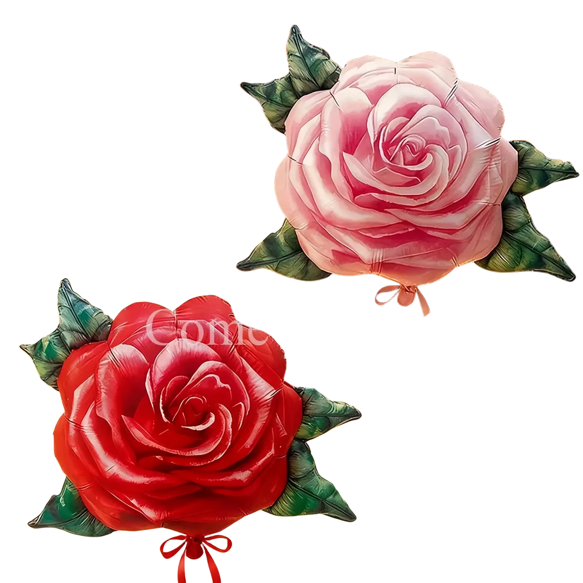Rose foil balloons shaped like pink and red roses with green foil leaves tied with matching ribbons for party decorations