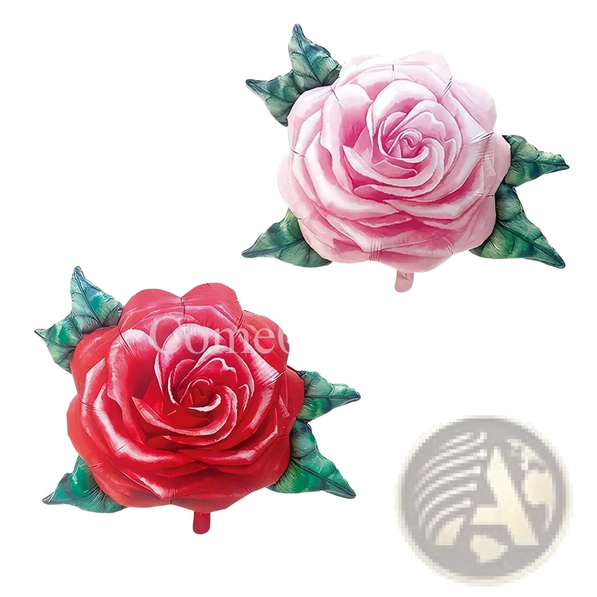 Rose foil balloons in pink and red shaped like roses with green leaves for party decorations