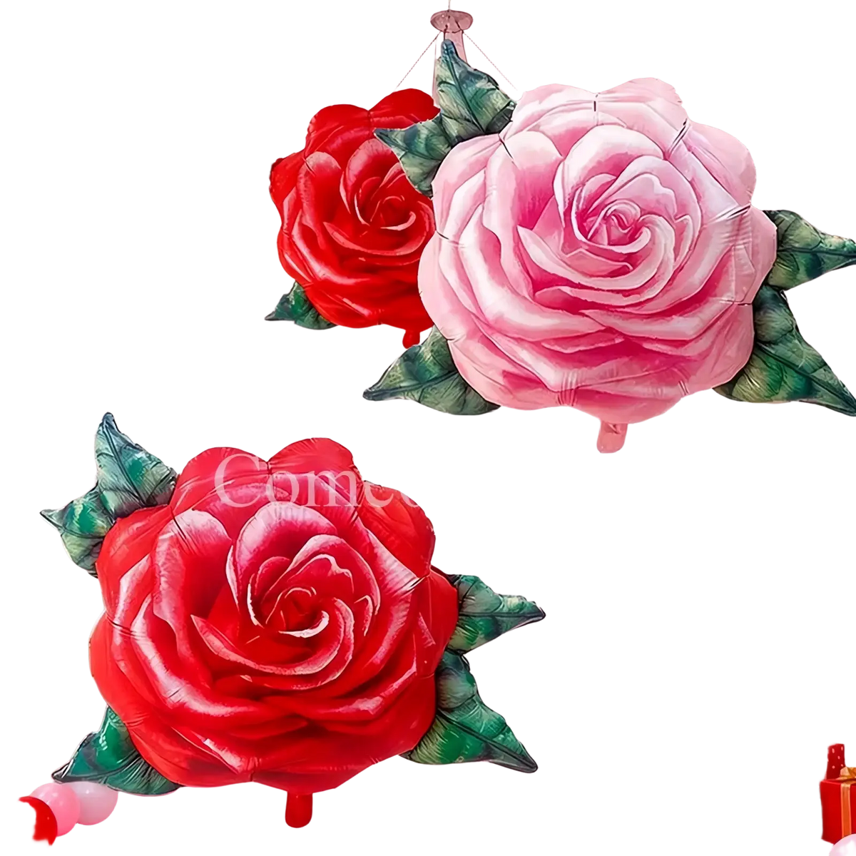 Rose foil balloons shaped like pink and red roses with green leaves made of shiny metallic foil for party decorations