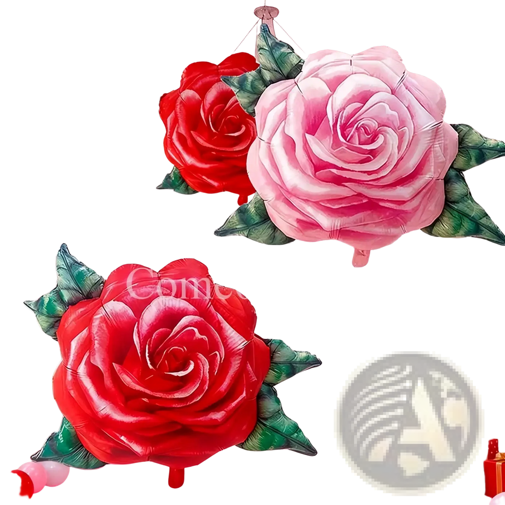 Rose foil balloons shaped like pink and red roses with green leaves made of shiny metallic foil for party decorations
