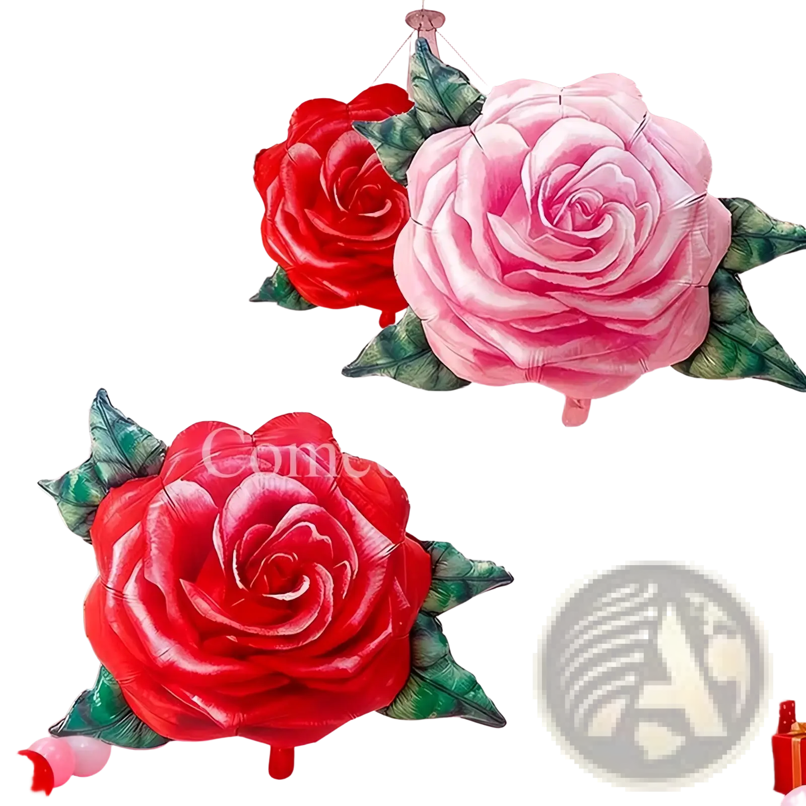 Rose foil balloons shaped like pink and red roses with green leaves made of shiny metallic foil for party decorations