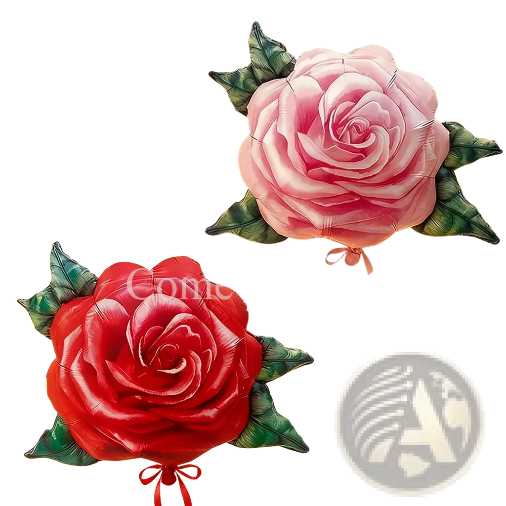 Rose foil balloons shaped like pink and red roses with green foil leaves tied with matching ribbons for party decorations