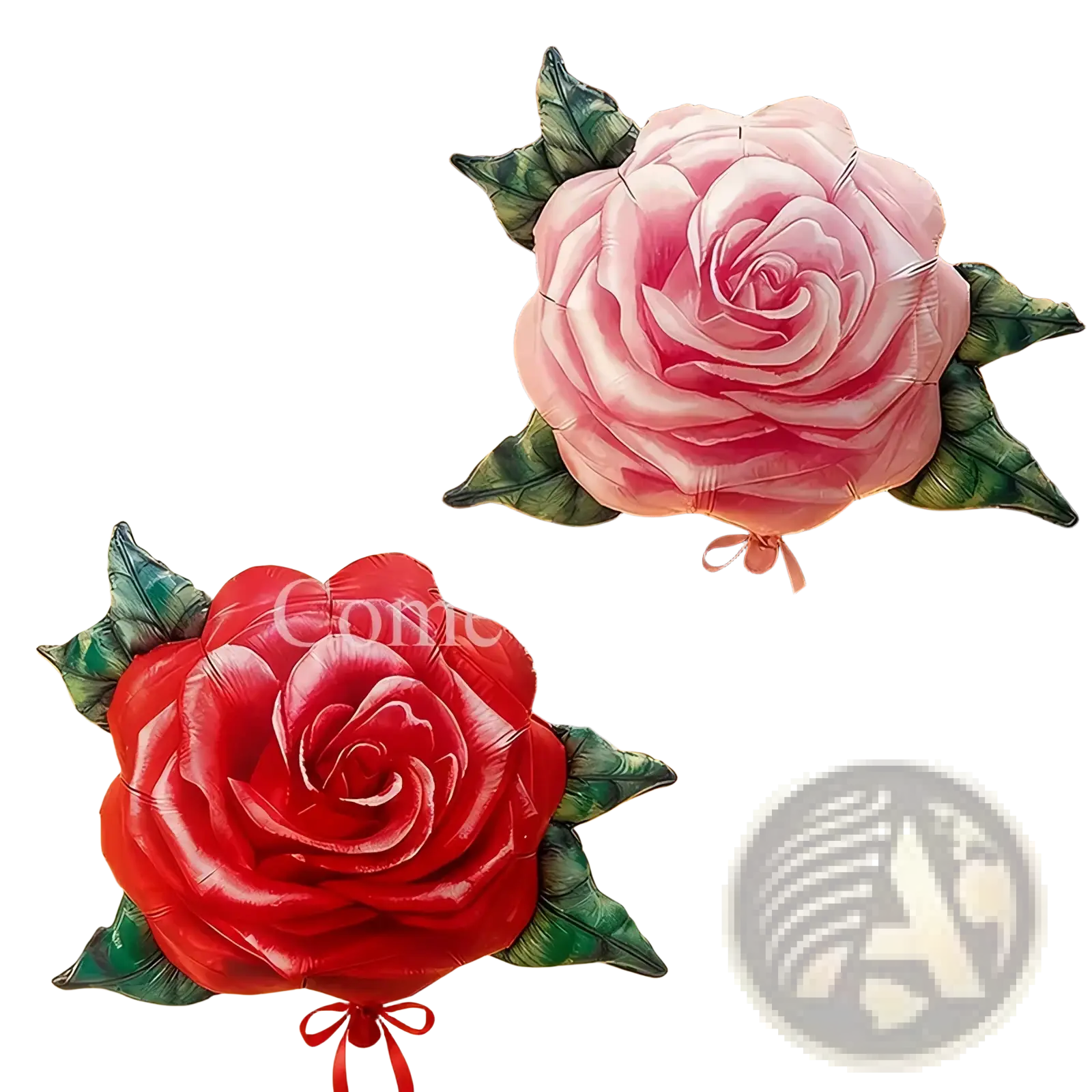 Rose foil balloons shaped like pink and red roses with green foil leaves tied with matching ribbons for party decorations