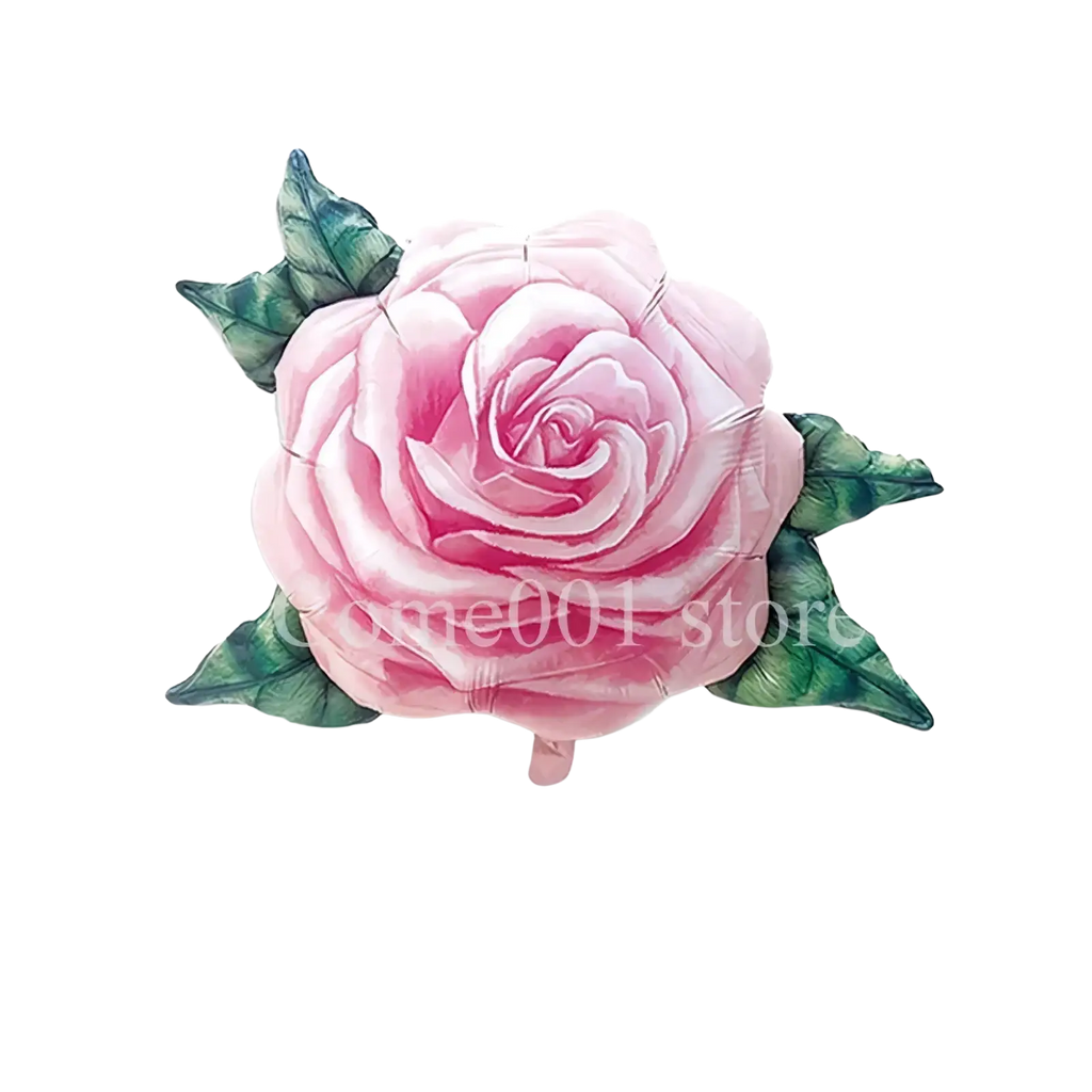 A pink rose-shaped foil balloon with detailed green leaves measuring 79cm by 66cm for party decorations