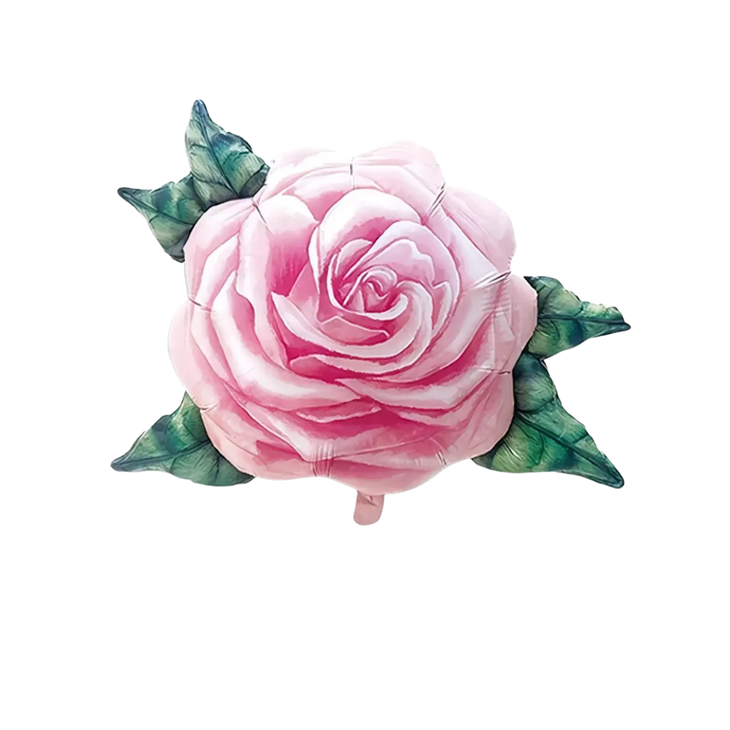 A pink rose foil balloon with green metallic foil leaves for party decorations