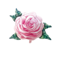 A pink rose foil balloon with green metallic foil leaves for party decorations