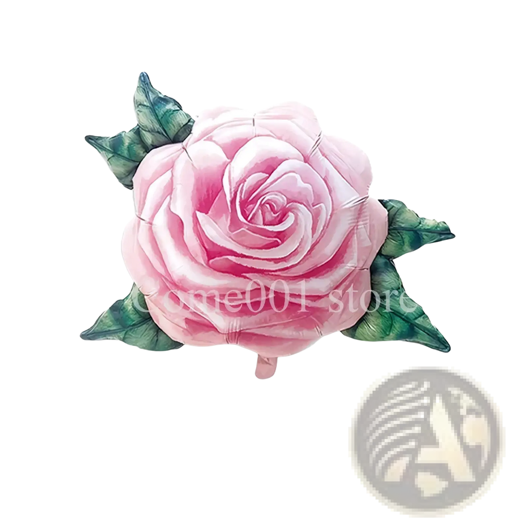 A pink rose-shaped foil balloon with detailed green leaves measuring 79cm by 66cm for party decorations