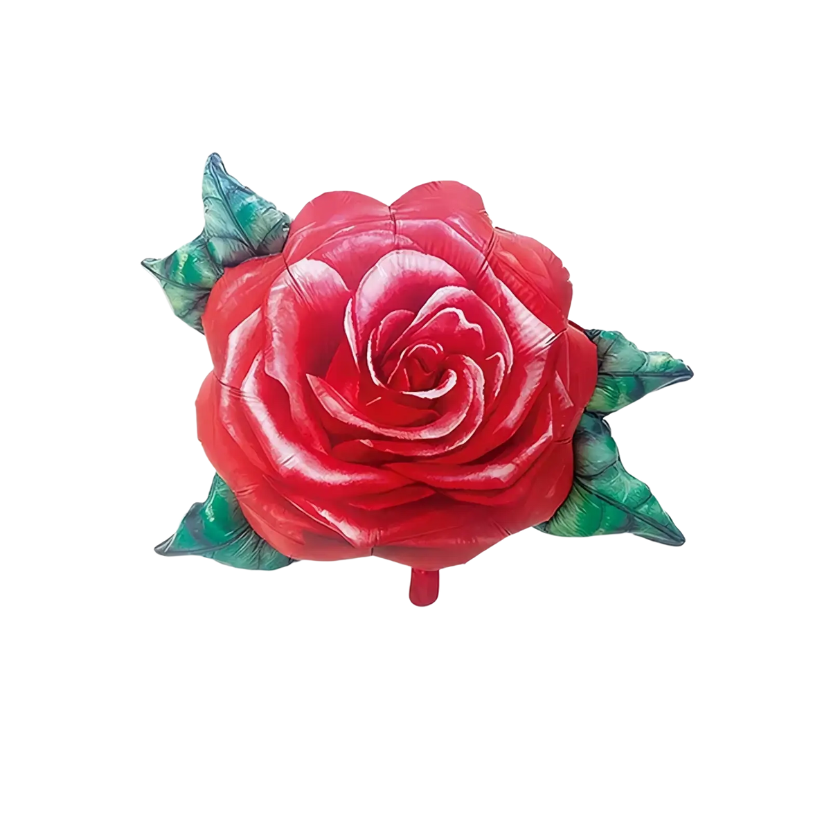A vibrant red rose foil balloon with glossy inflated petals and green leaves for party decorations