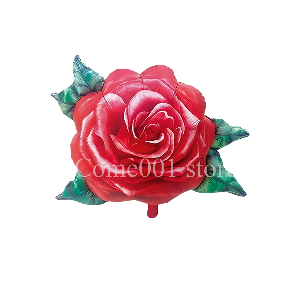 A vibrant red rose foil balloon with glossy inflated petals and green leaves for party decorations