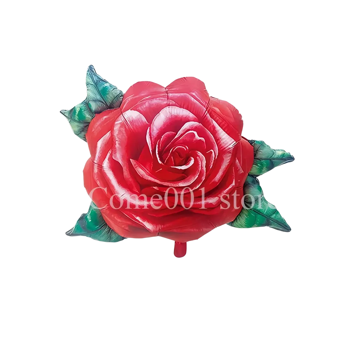 A vibrant red rose foil balloon with glossy inflated petals and green leaves for party decorations