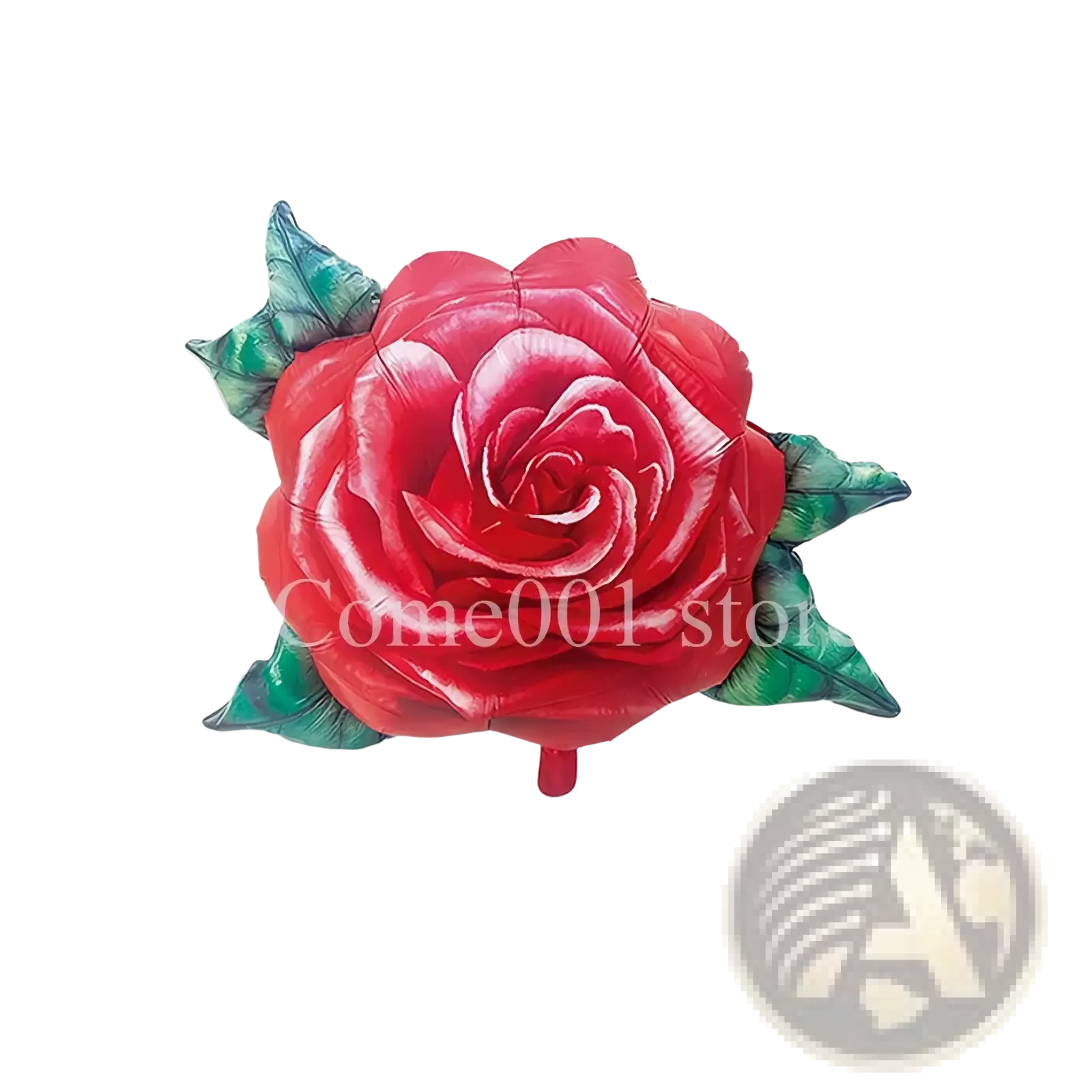 A vibrant red rose foil balloon with glossy inflated petals and green leaves for party decorations