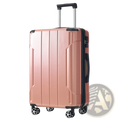Rose gold 28 inch expandable hardshell spinner suitcase with black accents and four spinner wheels shown from the back