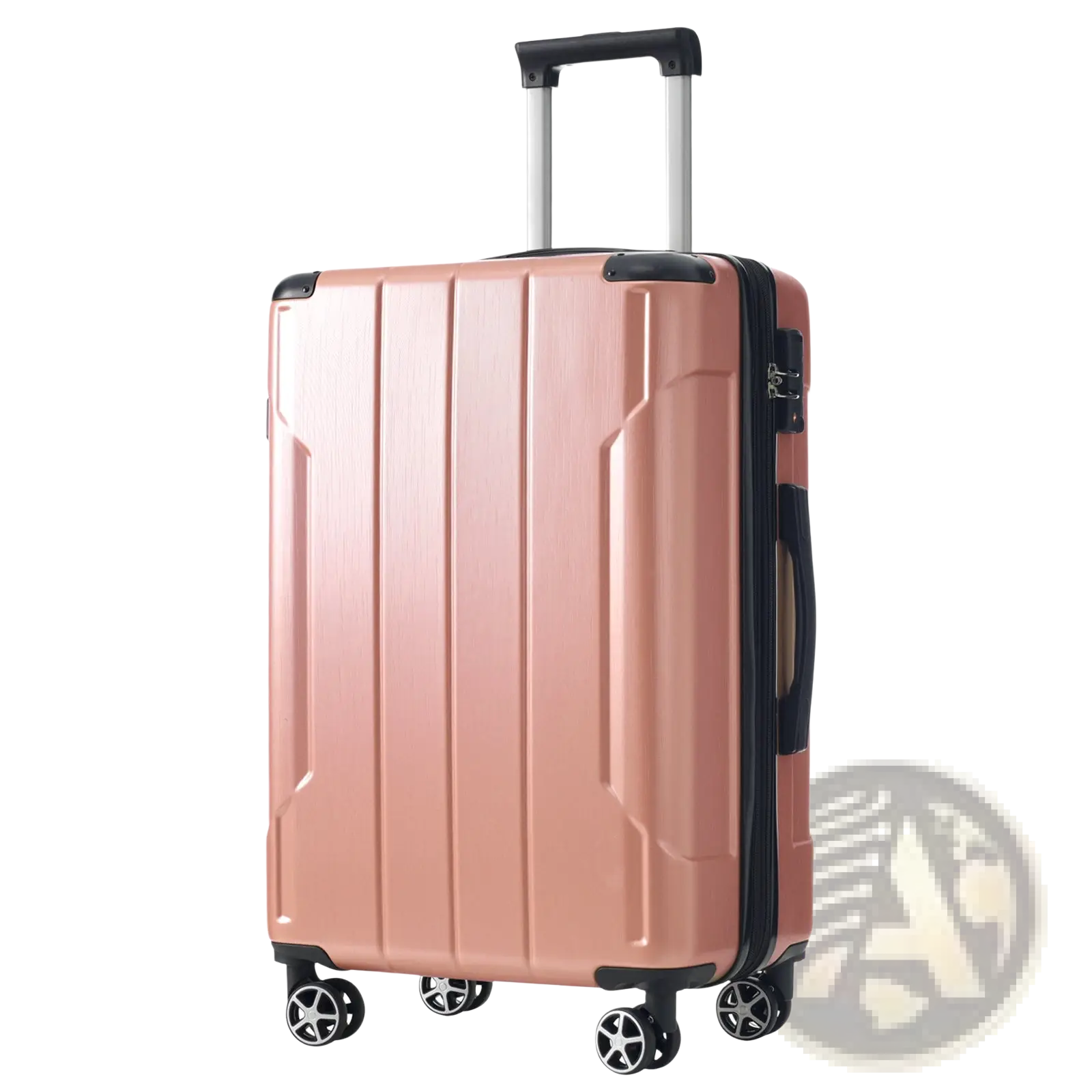 Rose gold 28 inch expandable hardshell spinner suitcase with black accents and four spinner wheels shown from the back